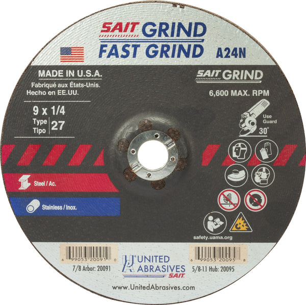 United Abrasives 20091 9x1/4x7/8 A24N Fast Grinding Metal/Stainless No Hub Type 27 Grinding Wheel, 1 Pack, New