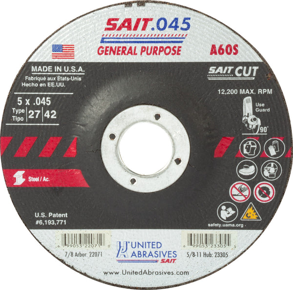 United Abrasives 22071 5x.045x7/8 A60S General Purpose High Speed Cut-Off Wheel, 1 Pack, New