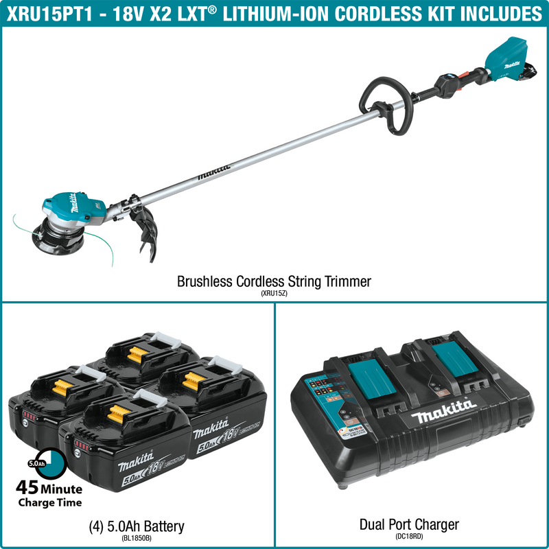 Makita XRU15PT1 18V X2 (36V) LXT® Lithium‑Ion Brushless Cordless String Trimmer Kit with 4 Batteries (5.0Ah) (New) - ToolSteal.com