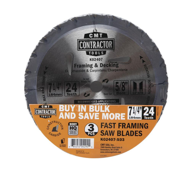 CMT K02407-X03 Contractor 7-1/4 in. x 24-Tooth General Purpose Circular Saw Blade - 3 Pack, New