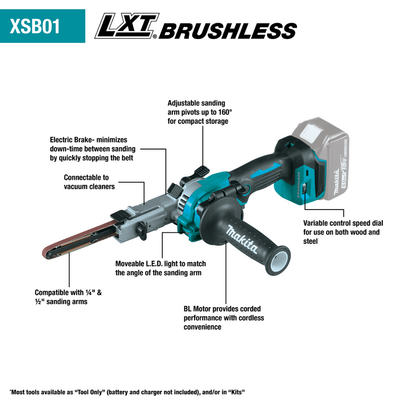 Makita XSB01Z 18V LXT Brushless Cordless 3/8 in. x 21 in. Detail Belt Sander, Tool Only, New