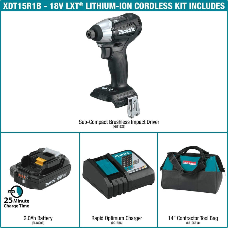 Makita XDT15R1B 18V LXT Lithium‑Ion Sub‑Compact Brushless Cordless Impact Driver Kit, 2.0Ah New