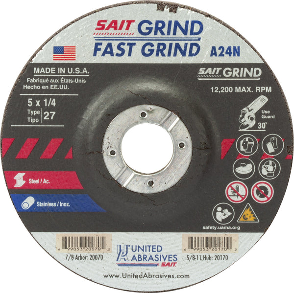United Abrasives 20070 5x1/4x7/8 A24N Fast Grinding Metal/Stainless No Hub Type 27 Grinding Wheel, 1 Pack, New