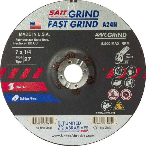 United Abrasives 20081 7x1/4x7/8 A24N Fast Grinding Metal/Stainless No Hub Type 27 Grinding Wheel, 1 Pack, New