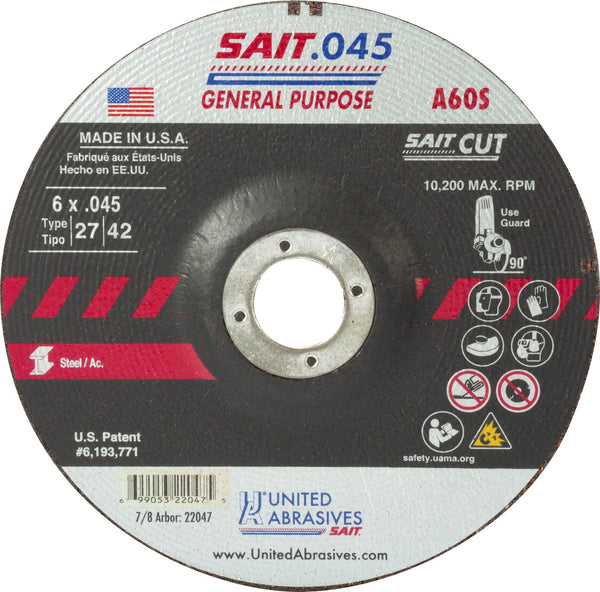 United Abrasives 22047 6x.045x7/8 A60S General Purpose High Speed Cut-Off Wheel, 1 Pack, New