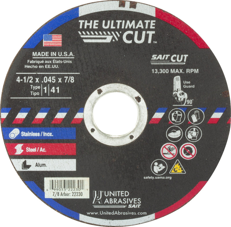 United Abrasives 22230 4-1/2x.045x7/8 Ultimate Cut Premium Performance Cut-Off Wheel,1 Pack, New