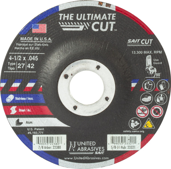 United Abrasives 22380 4-1/2x.045x7/8 Ultimate Cut Premium Performance Cut-Off Wheel, 1 Pack, New