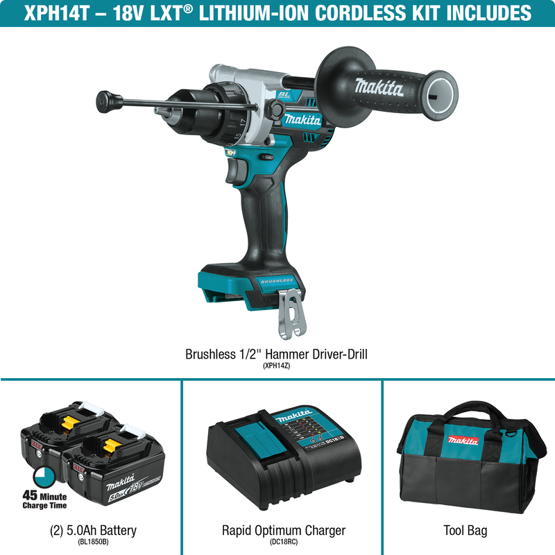 Makita XPH14T-R 18V LXT Lithium‑Ion Brushless Cordless 1/2 in. Hammer Driver‑Drill Kit 5.0Ah, Reconditioned