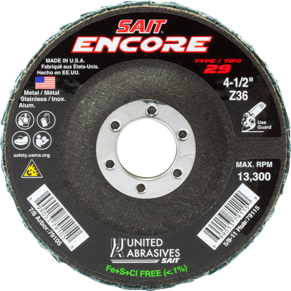 United Abrasives 79105 4-1/2x7/8 Encore Type 29 General Purpose No Hub Zirconium Flap Discs 36 Grit, 1 Pack, New