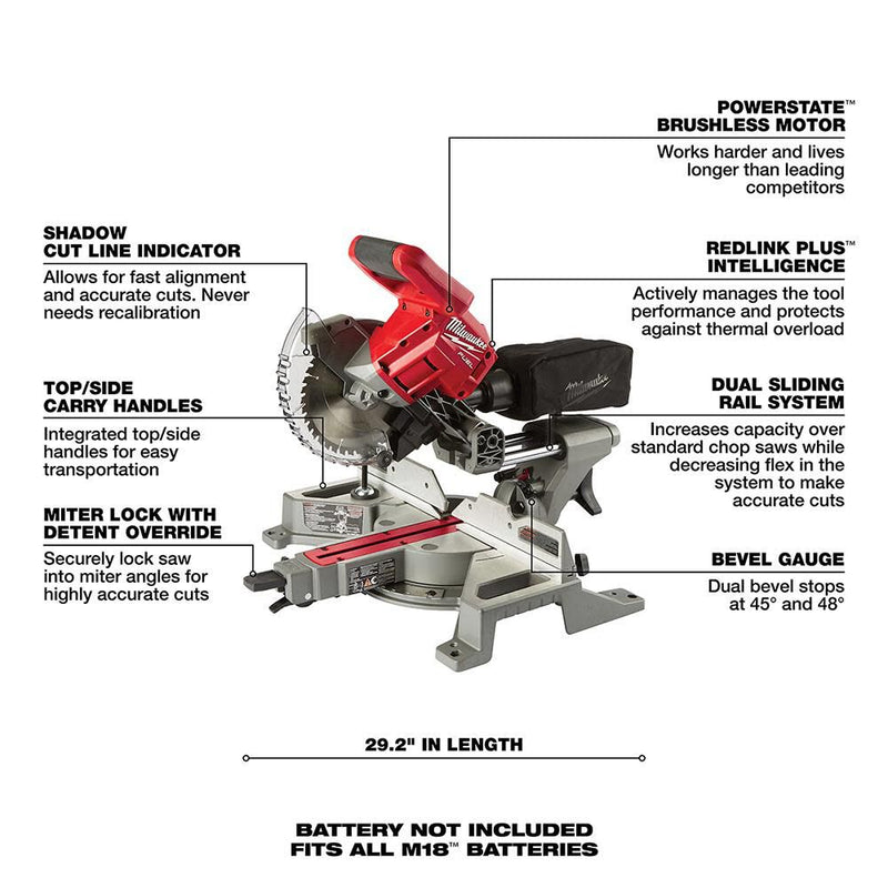 Milwaukee 2733-20 M18 FUEL 7-1/4 in. Dual Bevel Sliding Compound Miter Saw Tool Only, New