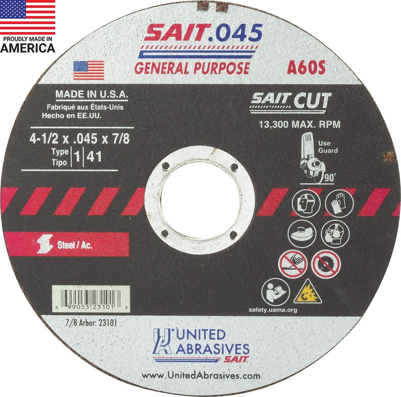 United Abrasives 23101 A60S General Purpose Cut-Off Wheel Type 1/Type 41 Flat 4 1/2 in. x .045 in. x 7/8 in., New