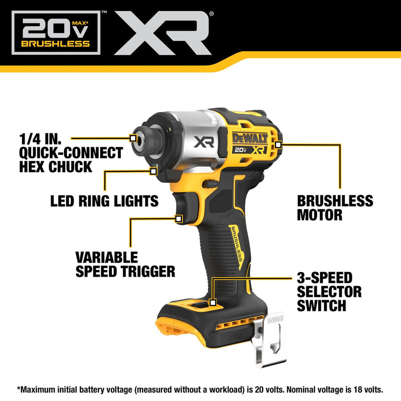 DeWalt DCF845B 20V MAX XR Brushless Lithium-Ion 1/4 in. Cordless 3-Speed Impact Driver Tool Only, New