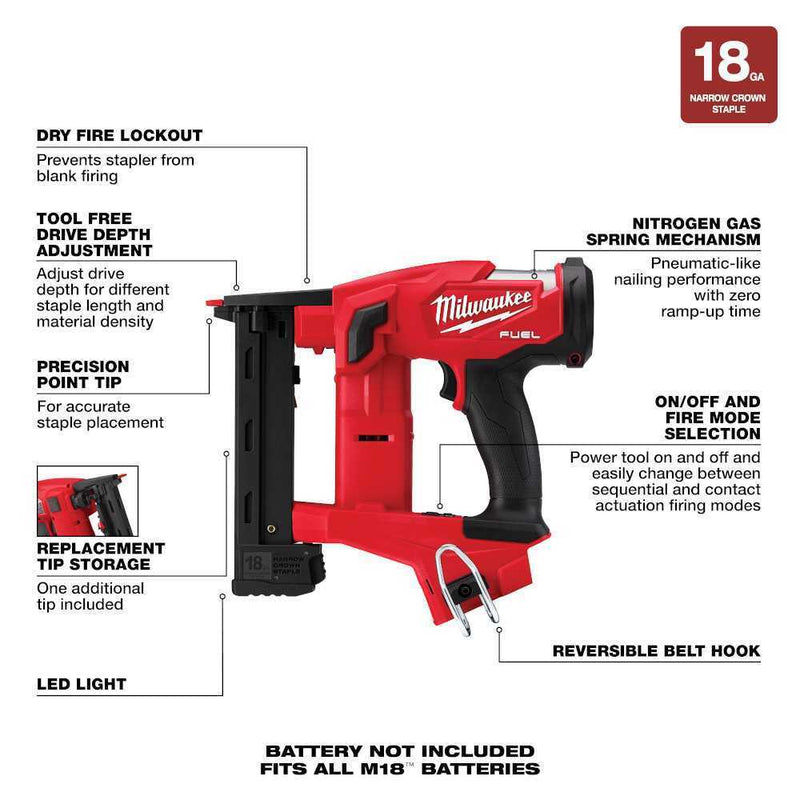Milwaukee 2749-80 M18 FUEL 18G 1/4 in. Narrow Cordless Crown Stapler Tool Only, Reconditioned
