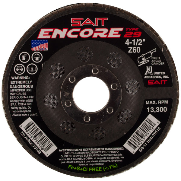 United Abrasives 79108 4-1/2x7/8 Encore Type 29 General Purpose No Hub Zirconium Flap Discs 60 Grit, 1 Pack, New