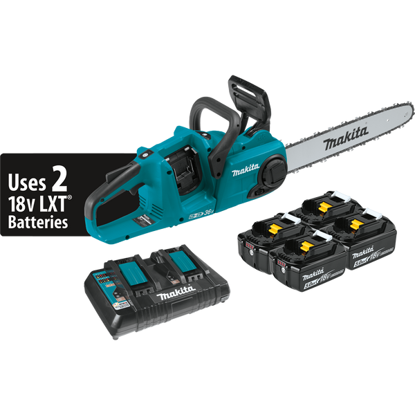 Makita XCU04PT1-R 36V 18V X2 LXT Brushless 16 in. Chain Saw Kit with 4 Batteries 5.0Ah, Reconditioned