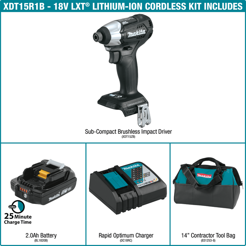 Makita XDT15R1B-R 18V LXT Li‑Ion Sub‑Compact Brushless Cordless Impact Driver Kit 2.0Ah, Reconditioned