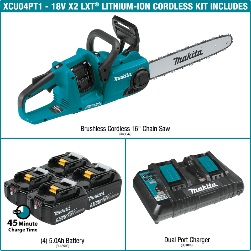 Makita XCU04PT1 18V X2 (36V) LXT® Lithium‑Ion Brushless Cordless 16" Chain Saw Kit with 4 Batteries (5.0Ah) (New) - ToolSteal.com