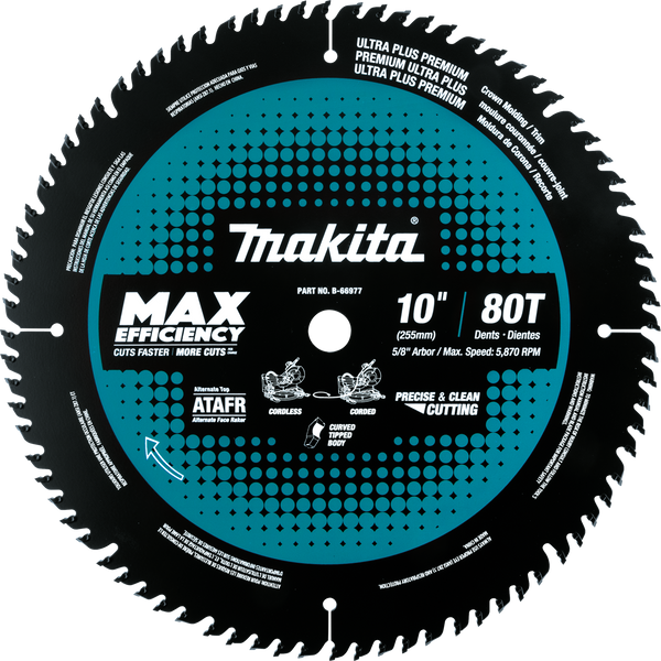 Makita B-66977 10" 80T Carbide‑Tipped Max Efficiency Miter Saw Blade (New) - ToolSteal.com