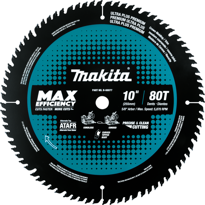 Makita B-66977 10" 80T Carbide‑Tipped Max Efficiency Miter Saw Blade (New) - ToolSteal.com