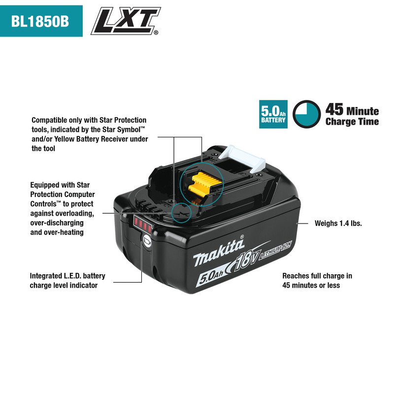 Makita BL1850BDC1 18V LXT® Lithium‑Ion Battery and Charger Starter Pack (5.0Ah), (New) - ToolSteal.com