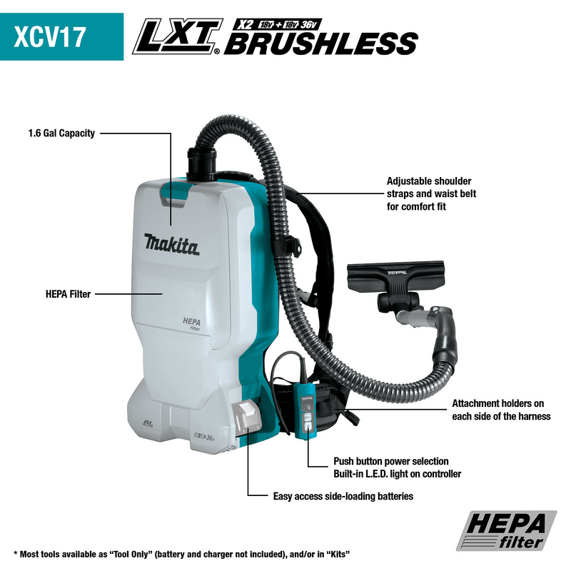 Makita XCV17PG-R 36V 18V X2 LXT Brushless 1.6 Gallon HEPA Filter Backpack Dry Vacuum 6.0Ah, Reconditioned