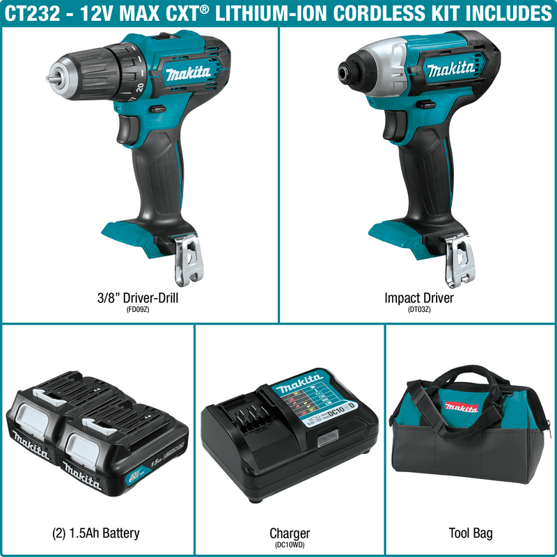 Makita CT232-R 12V max CXT Lithium‑Ion Cordless 2‑Pc. Combo Kit 1.5Ah, Reconditioned
