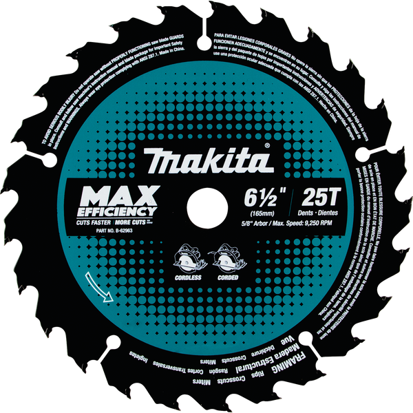 Makita B-62963 6‑1/2" 25T Carbide‑Tipped Max Efficiency Circular Saw Blade, Framing (New) - ToolSteal.com