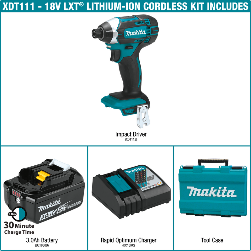 Makita XDT111-R 18V LXT Lithium‑Ion Cordless Impact Driver Kit, 3.0Ah (Reconditioned)