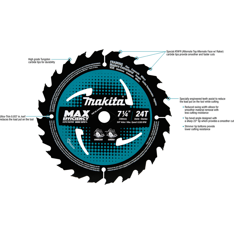 Makita B-61656-10 7‑1/4" 24T Carbide‑Tipped Max Efficiency Circular Saw Blade, Framing, 10/pk (New) - ToolSteal.com