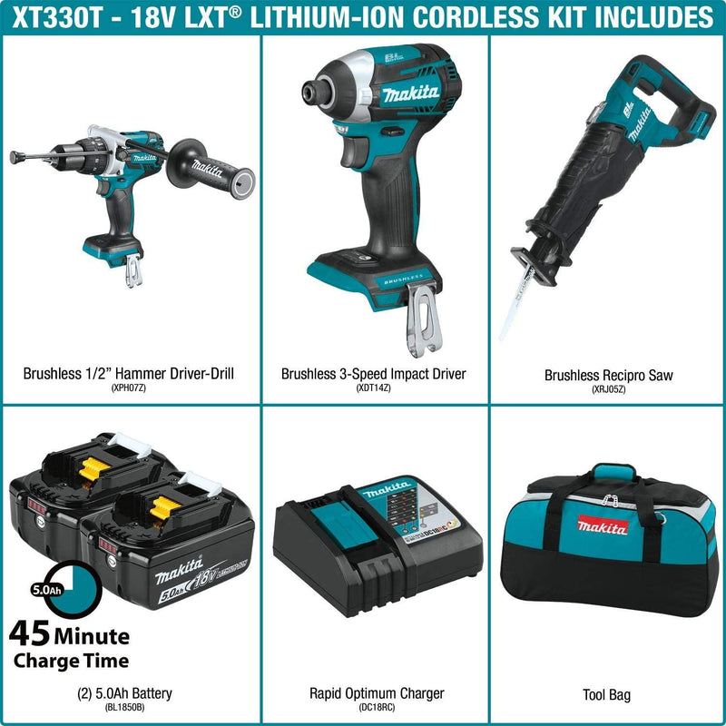 Makita XT330T 18V LXT® Lithium‑Ion Brushless Cordless 3‑Pc. Combo Kit (5.0Ah) (New) - ToolSteal.com