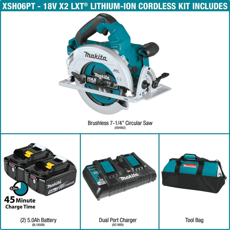 Makita XSH06PT  18V X2 LXT® Lithium‑Ion (36V) Brushless Cordless 7‑1/4” Circular Saw Kit (5.0Ah), (Reconditioned) - ToolSteal.com