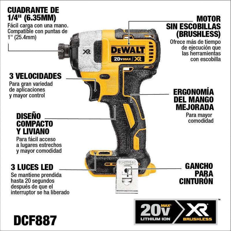 DeWalt DCF887B 20V Max XR 1/4 in. 3-Speed Impact Driver, Tool Only, New