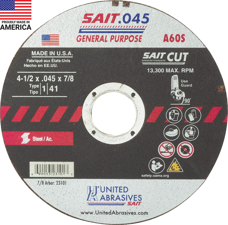 United Abrasives SAIT 50 PACK 23101 A60S General Purpose Cut-Off Wheels, 4-1/2 in. x .045 in. x 7/8 in., New