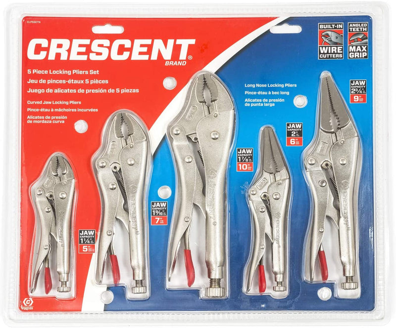 Crescent CLP5SETN 5 Piece Curved Jaw and Long Nose Locking Plier Set, New