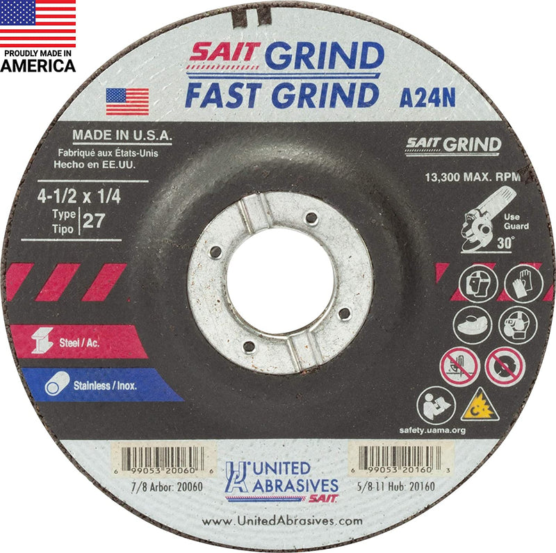 United Abrasives-Sait 20060 Type 27 4-1/2-Inch x 1/4-Inch x 7/8-Inch Grade A24N Fast Grinding Depressed Center Grinding Wheels, 25-Pack, New
