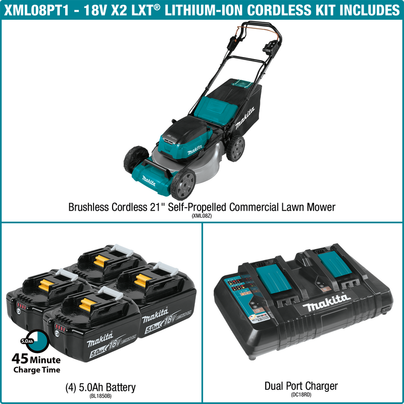 Makita XML08PT1-R 36V 18V X2 LXT Brushless 21 in. Self‑Propelled Commercial Lawn Mower Kit with 4 Batteries 5.0Ah, Reconditioned