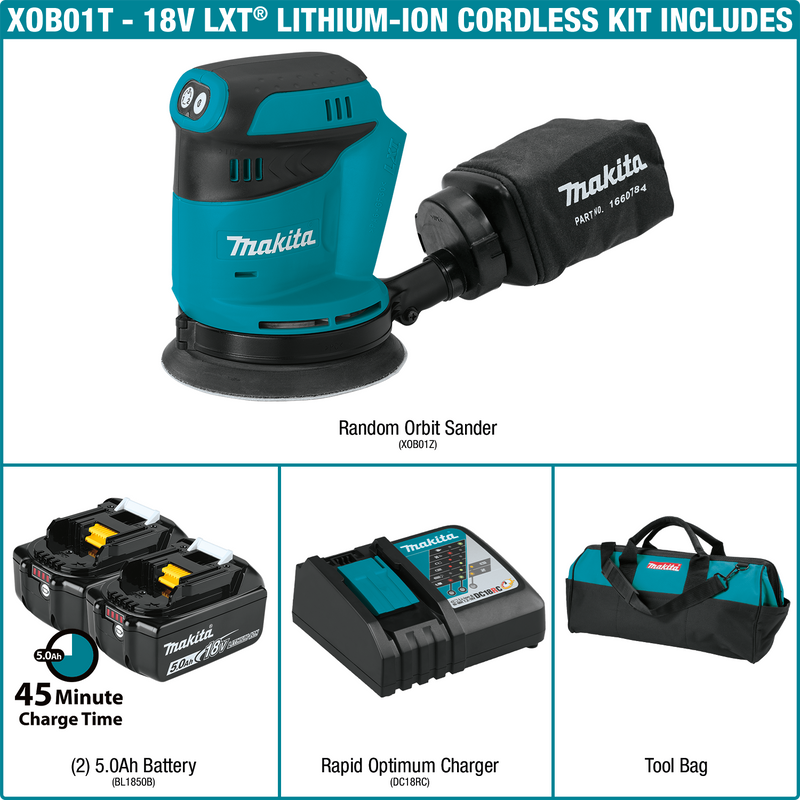 Makita XOB01T-R 18V LXT Lithium‑Ion Cordless 5 in. Random Orbit Sander Kit 5.0Ah, Reconditioned