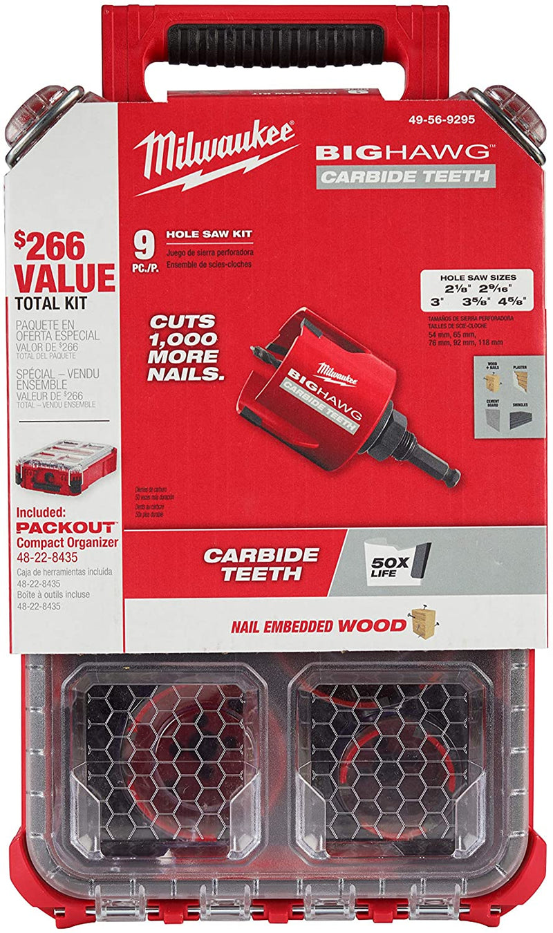 Milwaukee 49-56-9295 9 PC BIG HAWG™ with Carbide Teeth Hole Saw Kit w/PACKOUT™ Compact Organizer, (New) - ToolSteal.com
