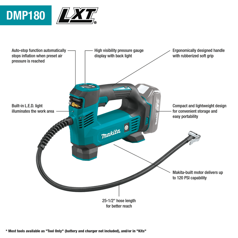 Makita DMP180ZX 18V LXT Lithium‑Ion Cordless Inflator, Tool Only, New