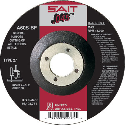 United Abrasives-Sait 22021 Type 27 4-1/2-Inch x .045-Inch x 7/8-Inch A60S General Purpose Depressed Center Cutting Wheels 50-Pack, New