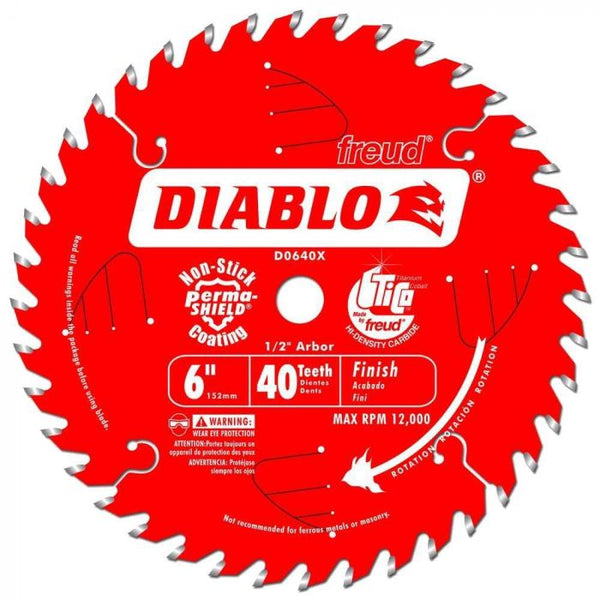 Diablo D0640X Circular Saw Blade, 6 in Dia, 1/2 in Arbor, 40-Teeth, Carbide Cutting Edge, New