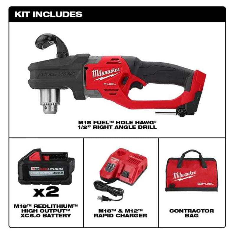 Milwaukee 2807-22 M18 Fuel Hole Hawg 1/2 in. Right Angle Drill Kit, 6.0 Ah New