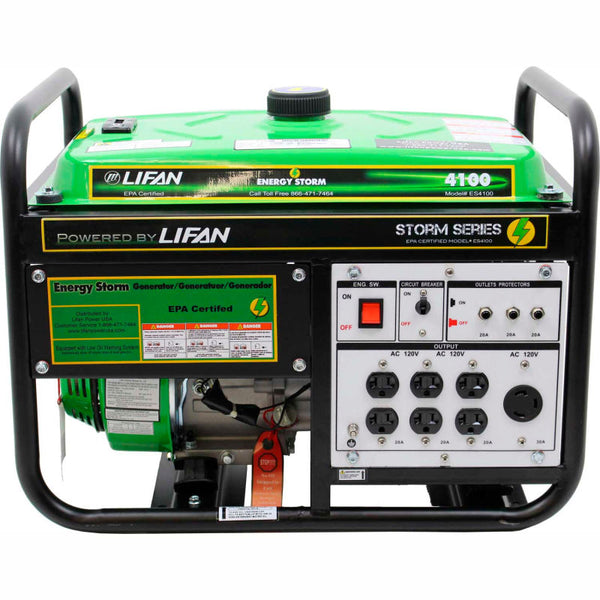 Lifan ES4100 Portable Generator, 28.2 A, 120 V, 4100 W Output, Octane Gas, 4 Gal Tank, 12 Hour Run Time, New