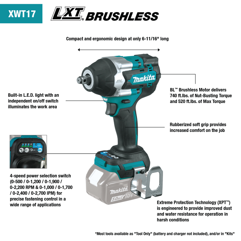 Makita XWT17Z 18V LXT Lithium‑Ion Brushless Cordless 4‑Speed Mid‑Torque 1/2 in. Sq. Drive Impact Wrench w/ Friction Ring Anvil, Tool Only, New