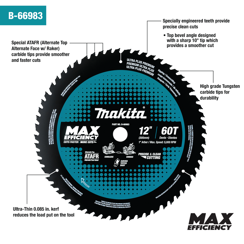 Makita B-66983 12" 60T Carbide‑Tipped Max Efficiency Miter Saw Blade (New) - ToolSteal.com