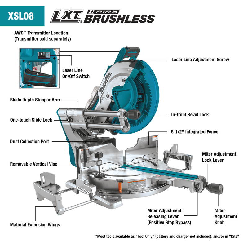 Makita XSL08Z-R 36V 18V X2 LXT Brushless 12 in. Dual‑Bevel Sliding Compound Miter Saw, AWS Capable and Laser, Tool Only, Reconditioned