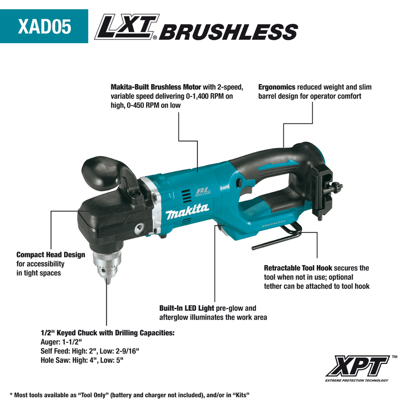 Makita XAD05Z-R 18V LXT Lithium‑Ion Brushless Cordless 1/2 in. Right Angle Drill, Tool Only, Reconditioned