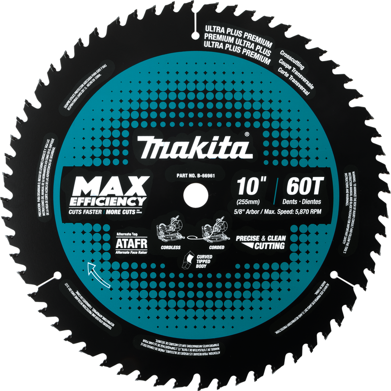 Makita B-66961 10" 60T Carbide‑Tipped Max Efficiency Miter Saw Blade (New) - ToolSteal.com