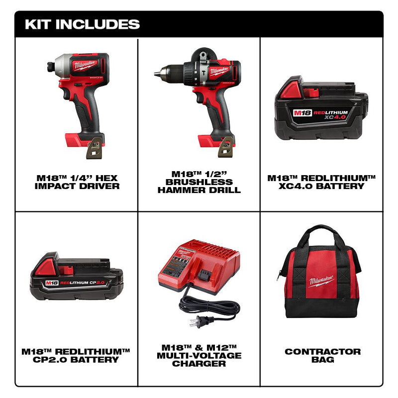 Milwaukee 2893-22CX M18 Brushless 2-Tool Combo Kit, Hammer Drill/Impact Driver - ToolSteal.com