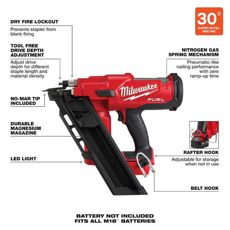 Milwaukee 2745-80 M18 FUEL 3-1/2 in. 30-Degree Cordless Framing Nailer Tool Only, Reconditioned